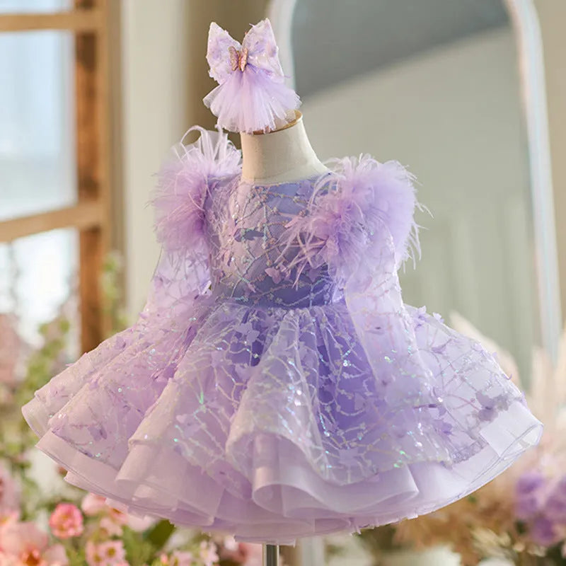 Butterfly sequined long sleeve princess dress for children in dreamy purple colour