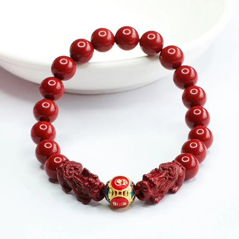 Cinnabar double pixiu women's bracelet with 8mm beads, purple gold sand finish, and leather cord