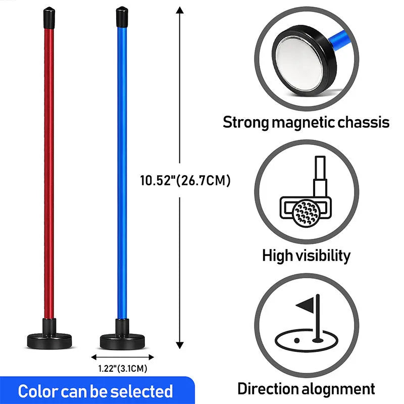Red and blue aluminium alloy golf swing trainer with magnetic direction and alignment bar.