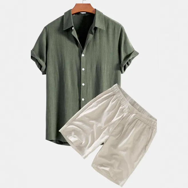 Men's solid color casual short-sleeved shirt and shorts suit in polyester fibre, available in black, coffee, green, navy blue, white, wine red.