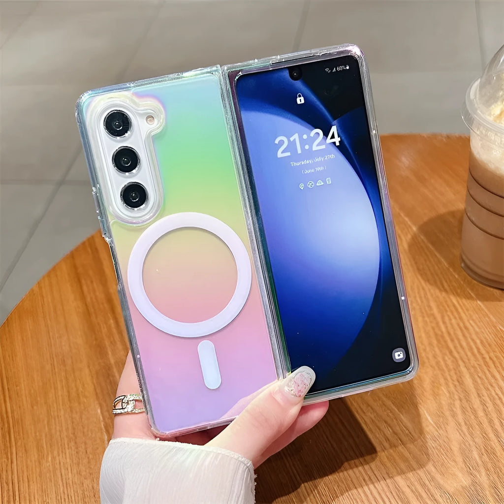 Colorful transparent acrylic magnetic phone case for Samsung Galaxy with drop-resistant protection and magnetic suction feature.