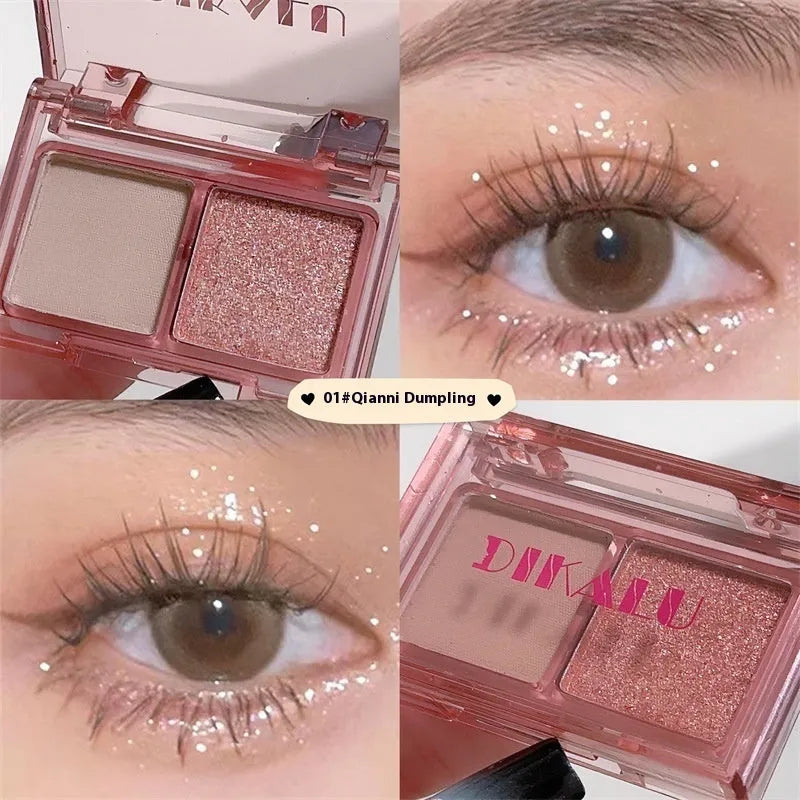Two-tone eyeshadow plate showing five colour combinations including pink, brown, blue and black matte shimmer shades