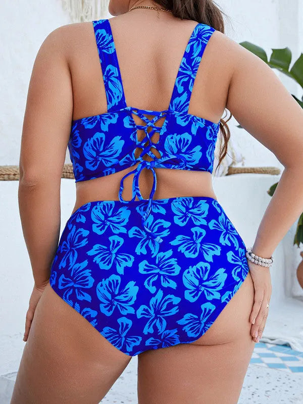 Blue floral print split bikini swimsuit for women in plus sizes