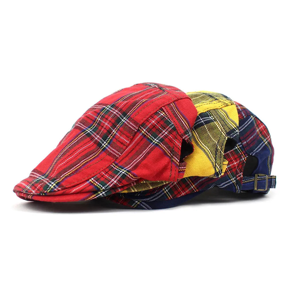 Retro plaid beret in red with curved brim and dome crown on adult head