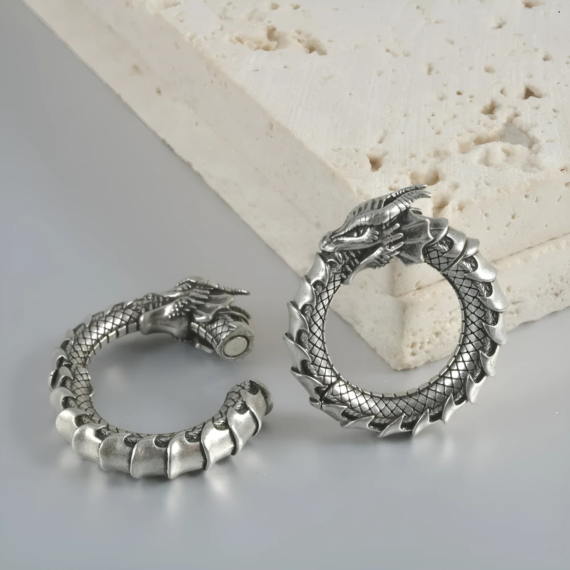 Large antique silver geometric dragon hollow out stainless steel earrings for men and women.