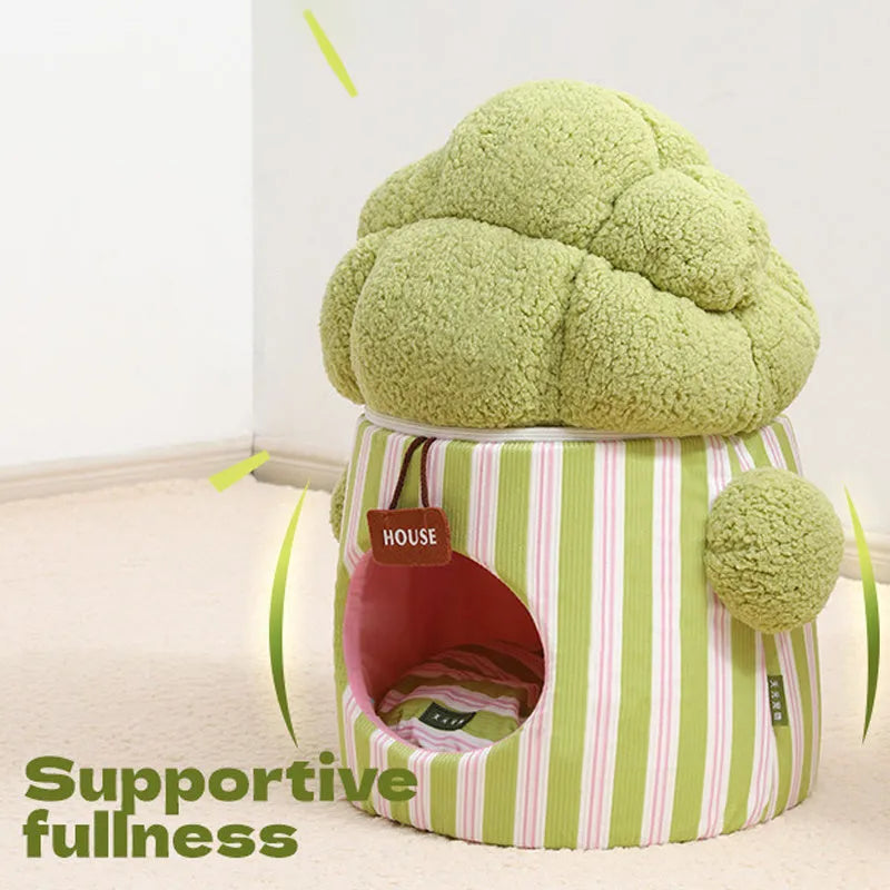 Creative cauliflower tree hole enclosed small dog house and cat house in green plush material
