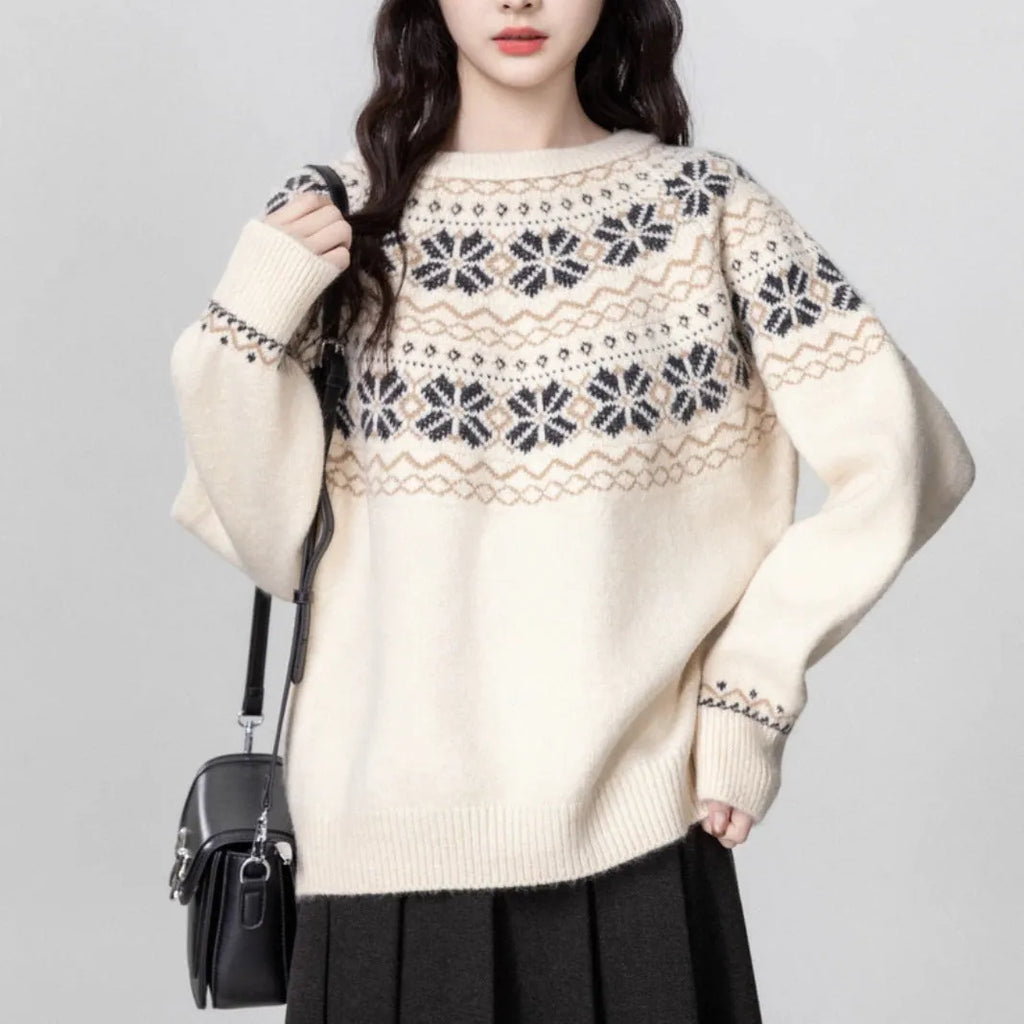 Women's milky white fair isle sweater with geometric pattern, crew neck, and long sleeves
