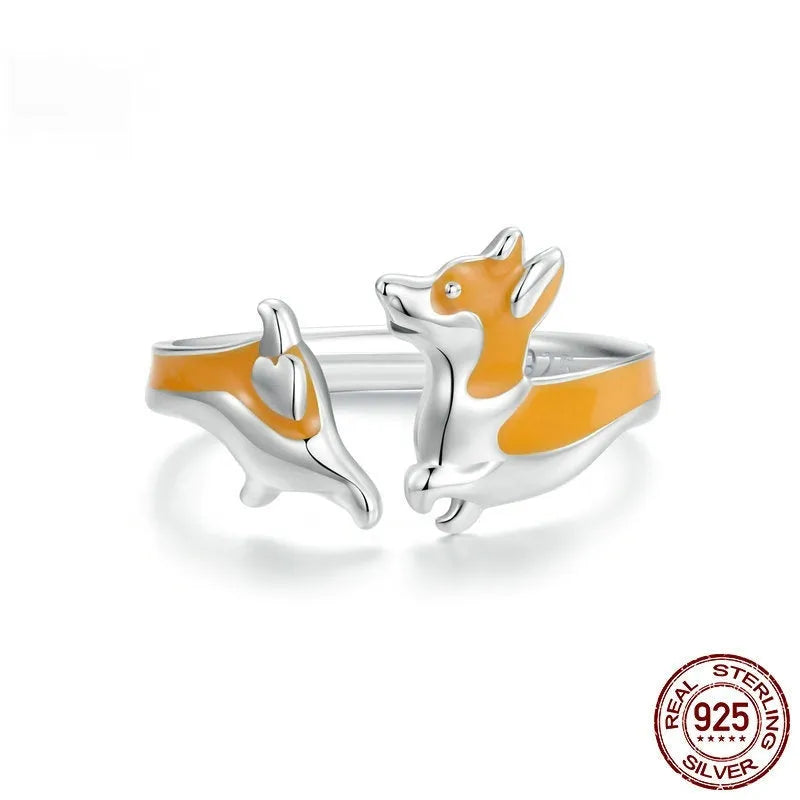 Silver cartoon corgi pet ring for women, electroplated in SCR1014-E colour.
