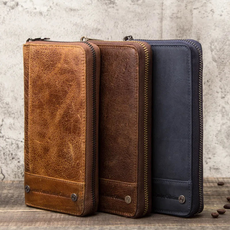 Cowhide anti-theft swiping men's long genuine leather zipper wallet in brown with visible stitching and zipper