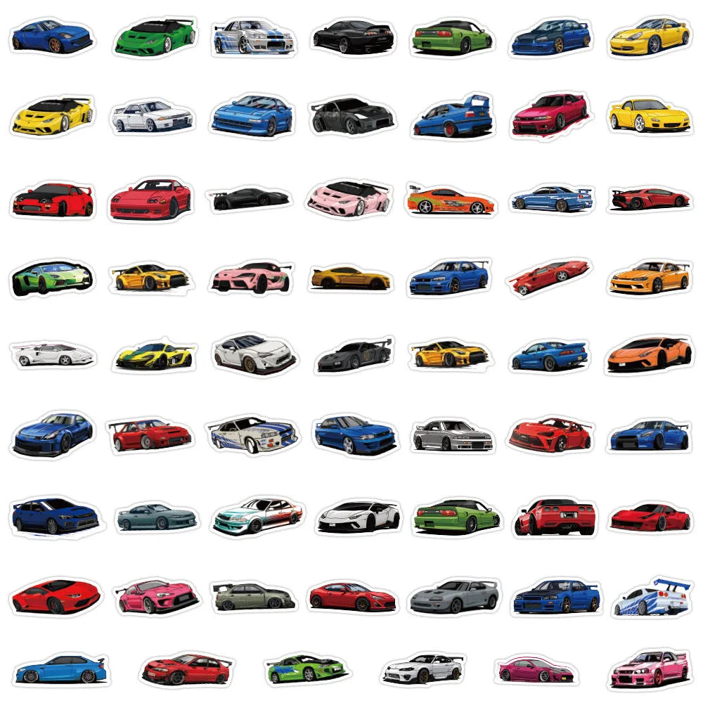 60 personalised sports car graffiti stickers in assorted designs measuring 5 to 7 centimetres