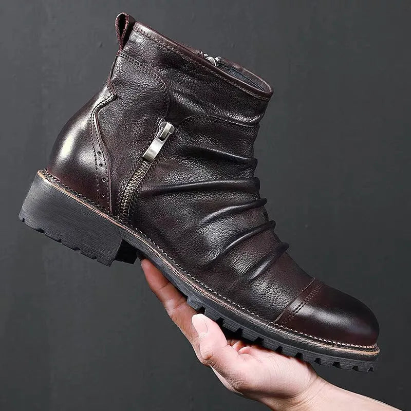 Men's black artificial PU cowboy boots with side zipper, round toe, and a mid-height horseshoe heel.
