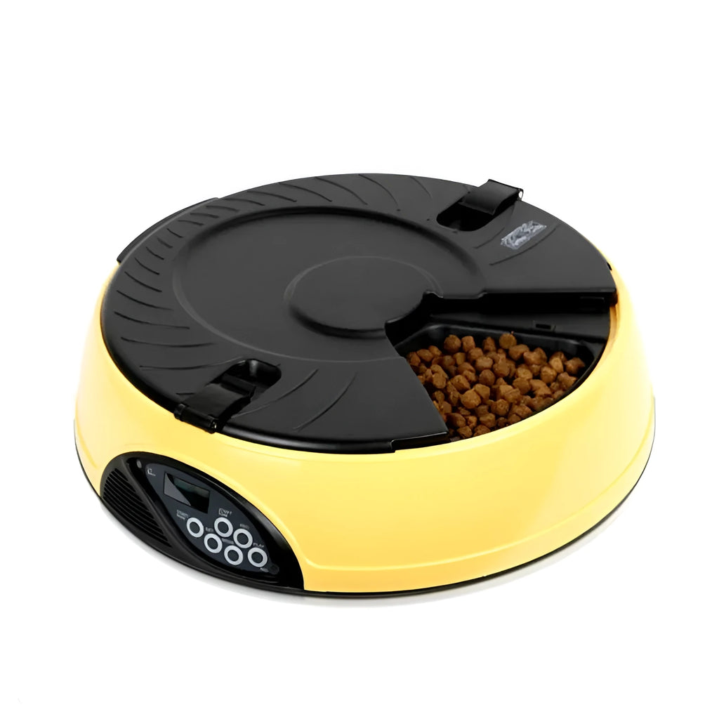 Pet automatic feeding machine in yellow with six food storage slots and display
