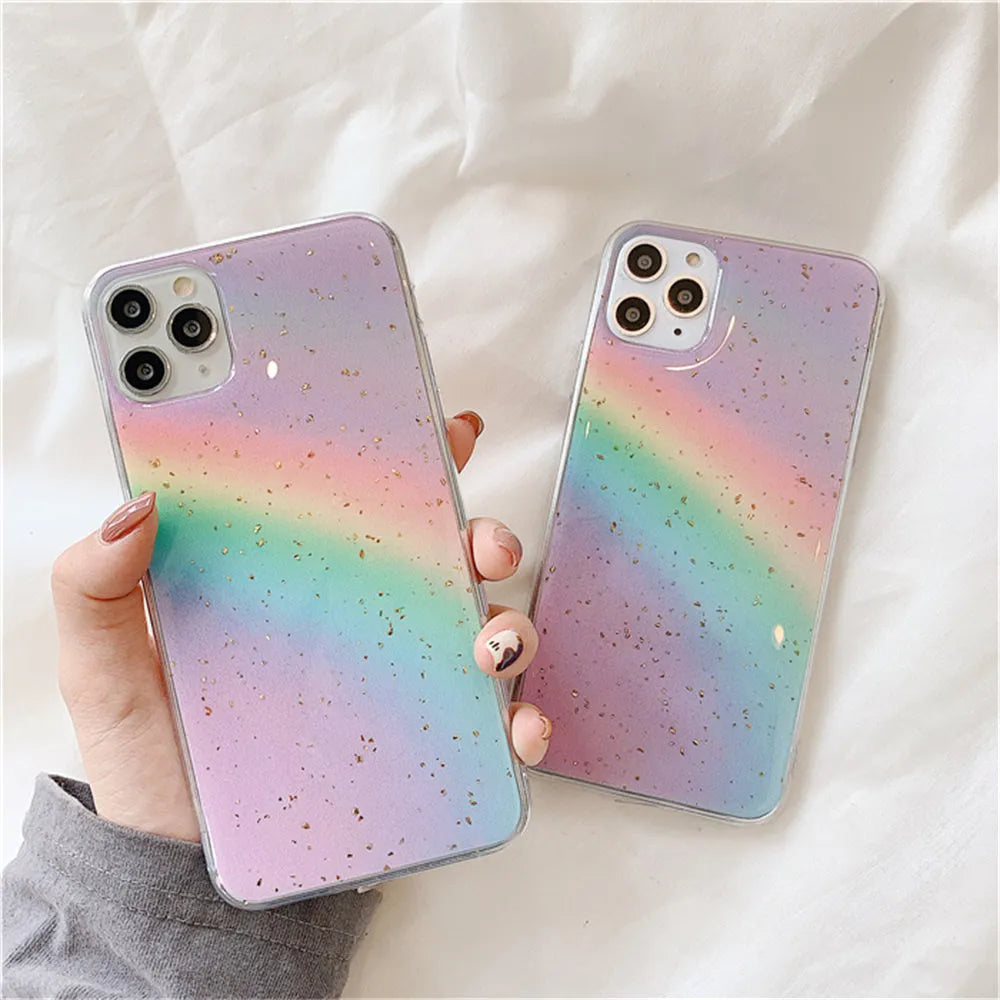 Rainbow gradient coloured TPU phone case with stripe design for iPhone models.