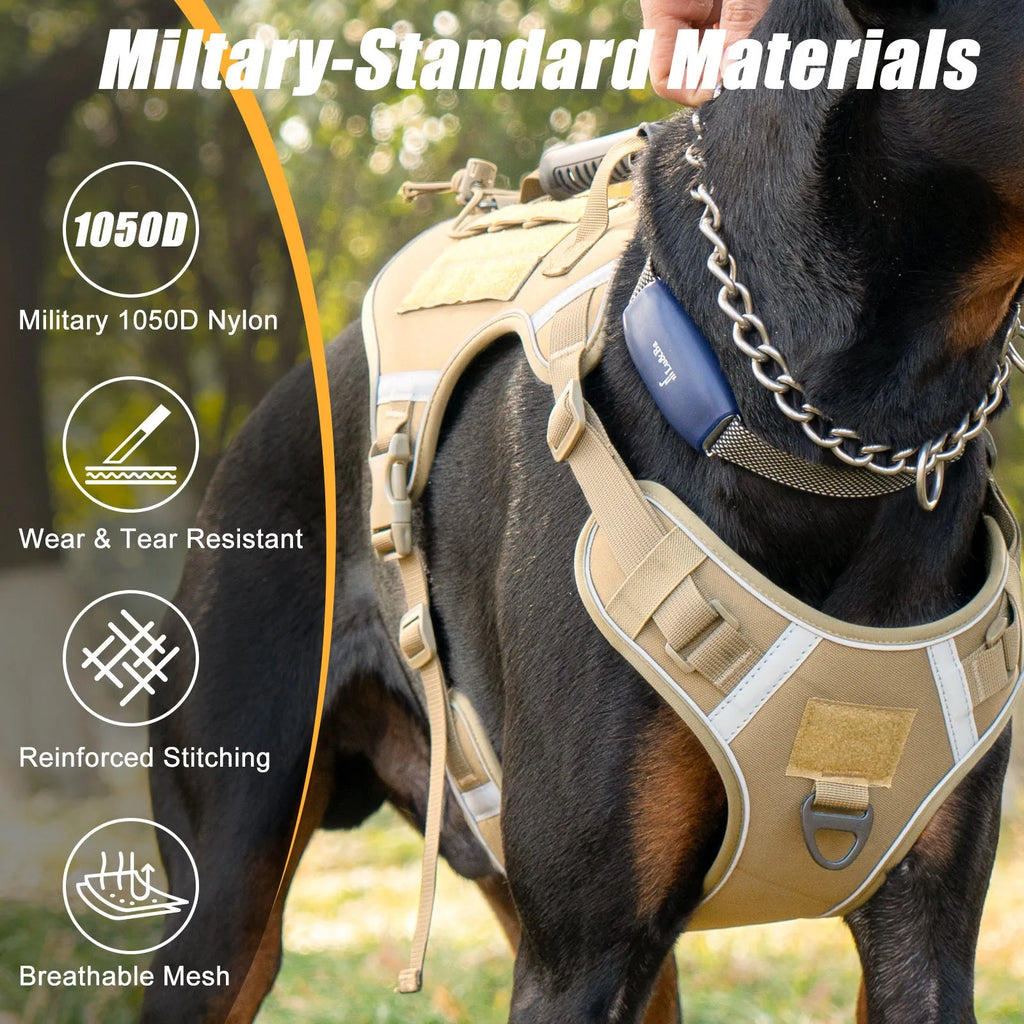 Tactical dog harness vest made from breathable polyester with hand holding rope and reflective strip in army green colour