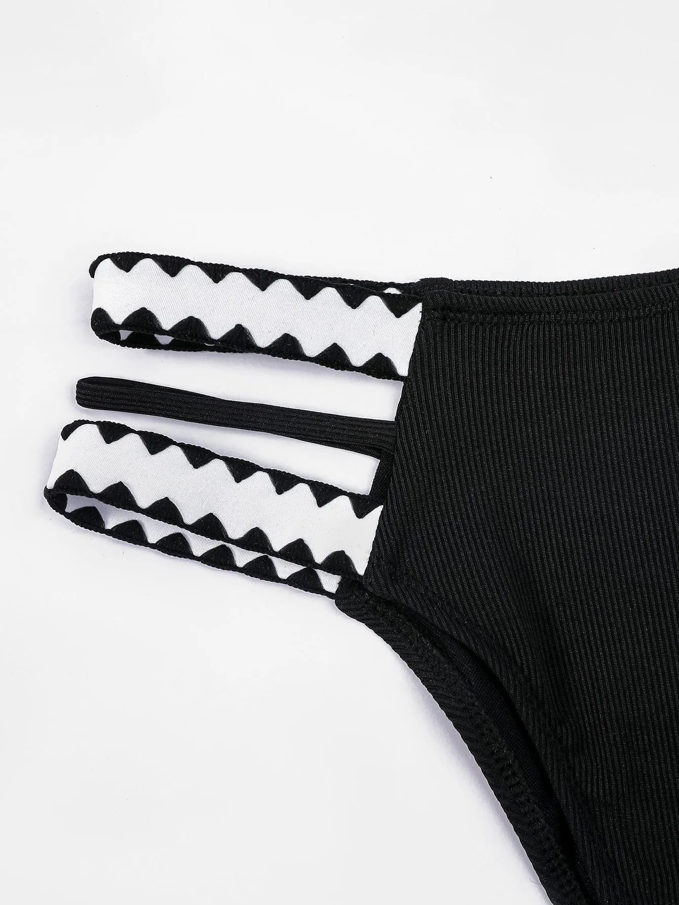 Women's black polyester hollowed-out split swimsuit for swimming and wading