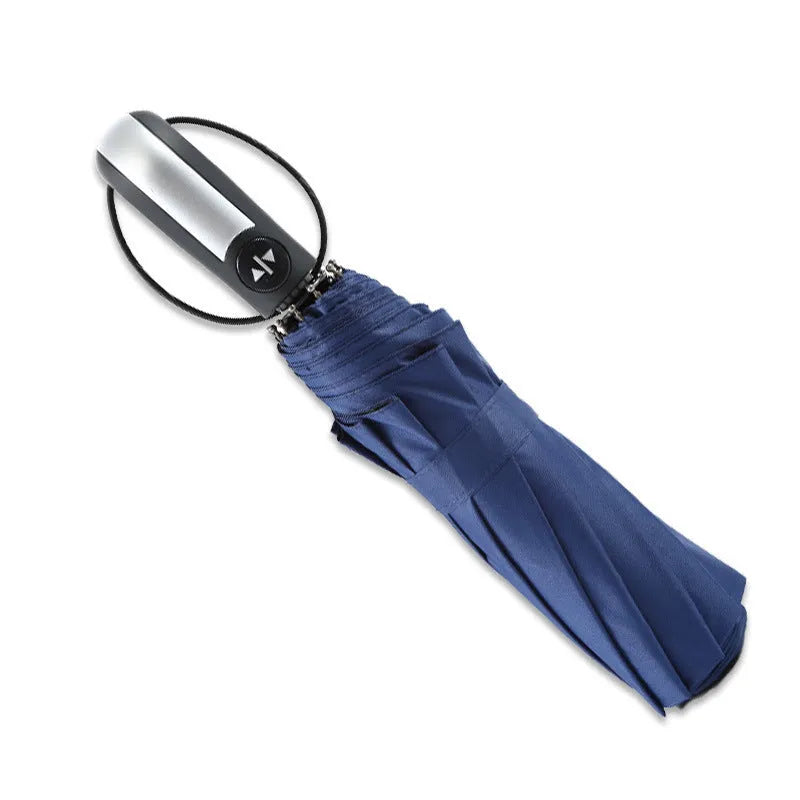Triple folding business advertising umbrella with automatic opening mechanism and rubber handle
