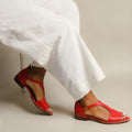 Red women's plus size sandals with square buckle on artificial PU upper, low-top casual style