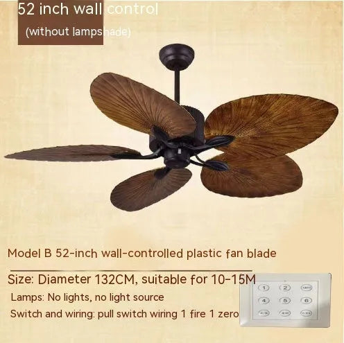 52-inch retro ceiling fan light with wooden blades and five copper lampshades