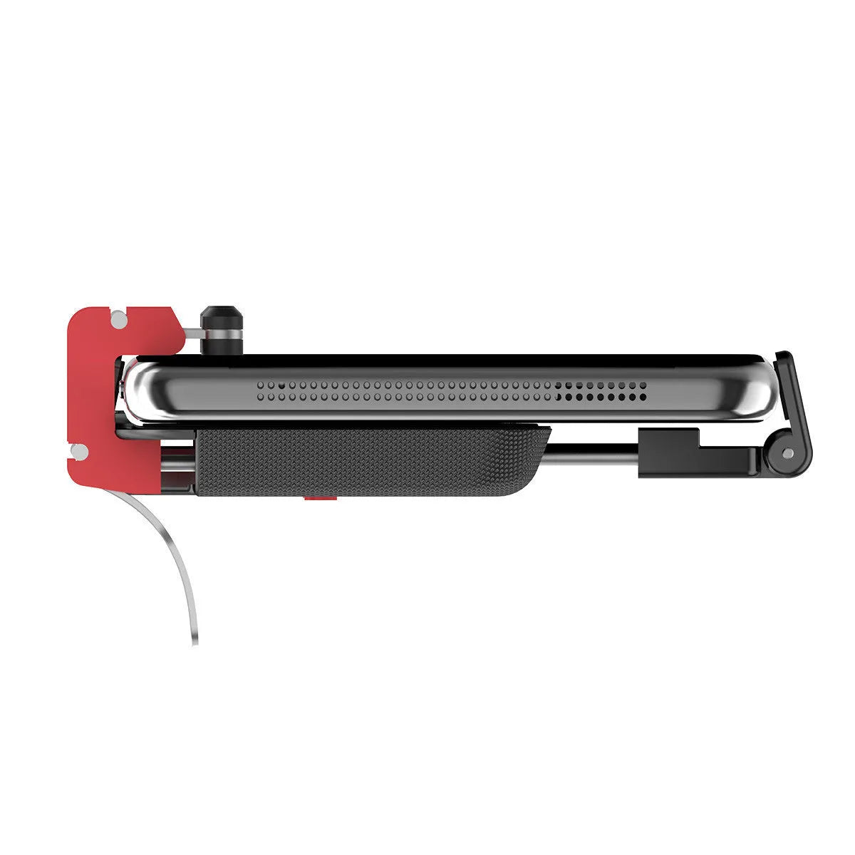 Black phone gaming trigger bracket stand with a metal handle and adjustable trigger for mobile shooting games.