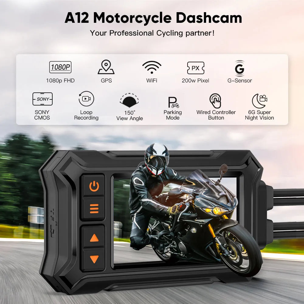3 inch WIFI motorcycle dash cam with front and rear lenses, GPS module, and waterproof housing.
