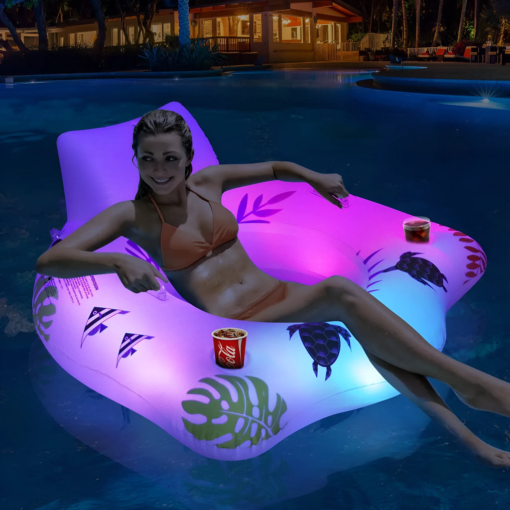 White luminous U-shaped inflatable float showing 120cm dimensions and seat design
