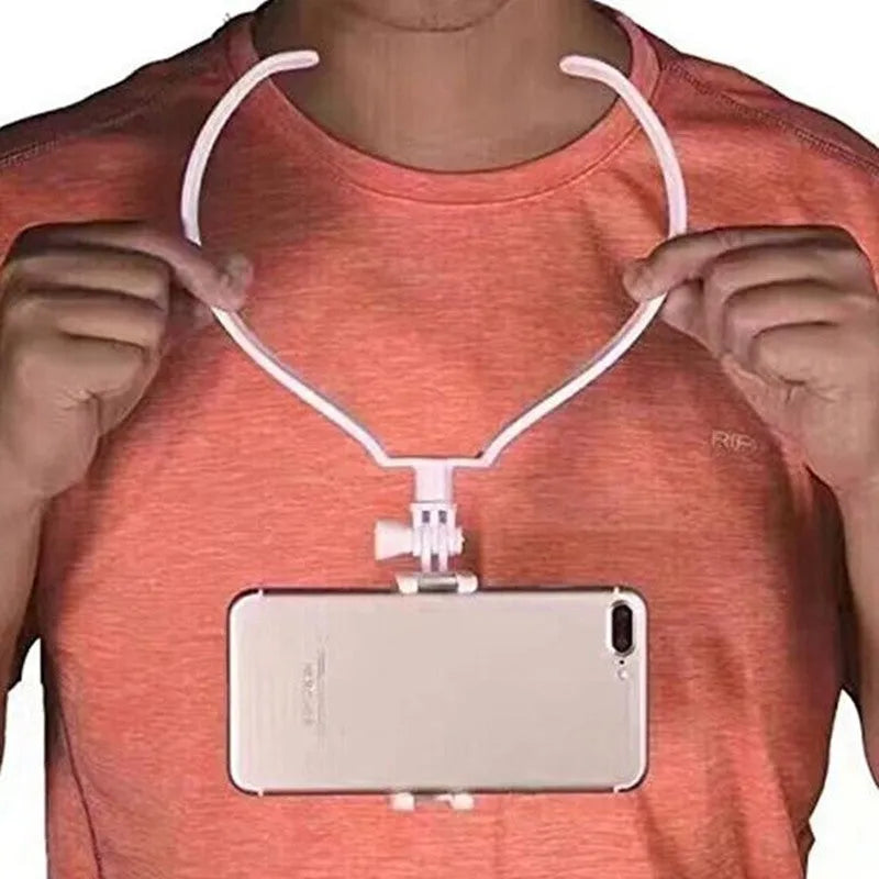 Wearable phone holder neck mount in black for hands-free smartphone video recording