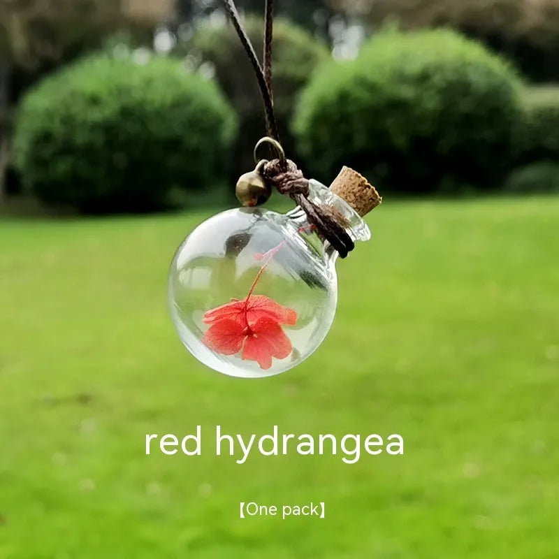 Glass fire extinguisher shaped pendant with preserved hydrangea flowers for car interior decoration