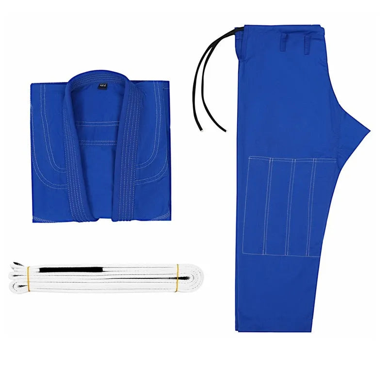 Cotton blend Brazilian Jiu-Jitsu uniform in black, set includes top and trousers for training.