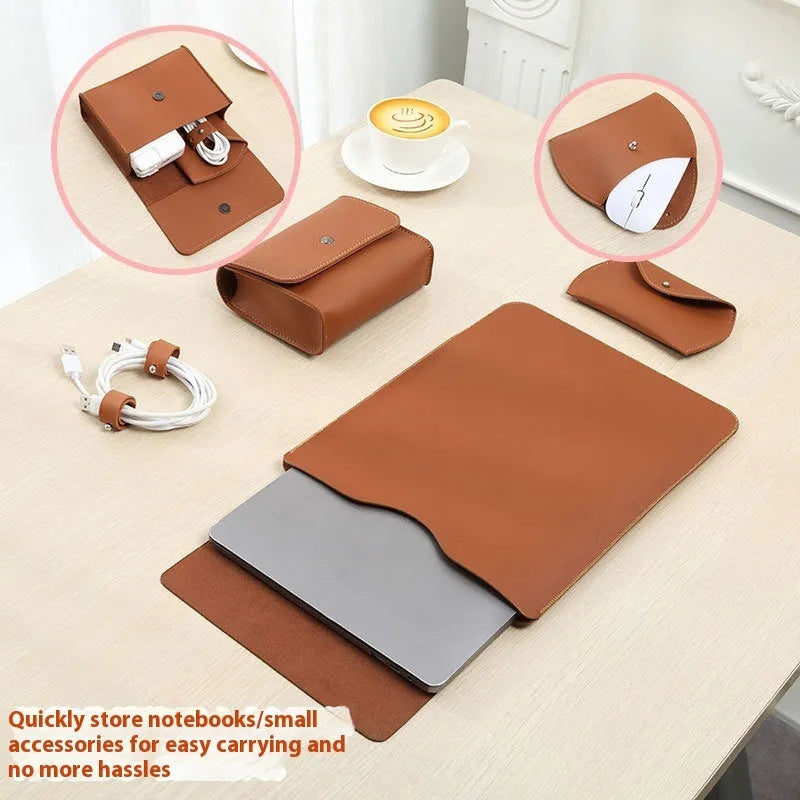 Four-piece set of leather laptop edge protectors in apricot, brown, gray and light pink colours