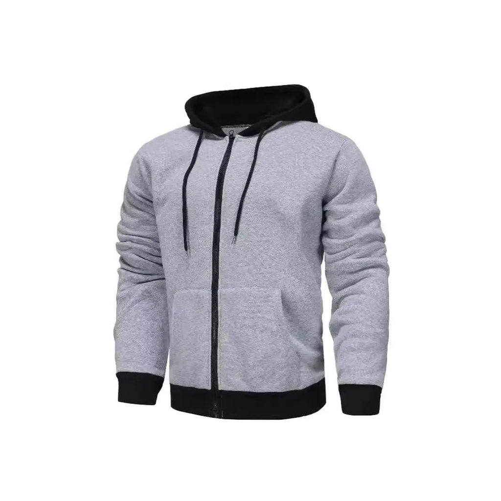 Men's black wool-lined zipper cardigan hoodie with hood and size patch pocket on light gray background