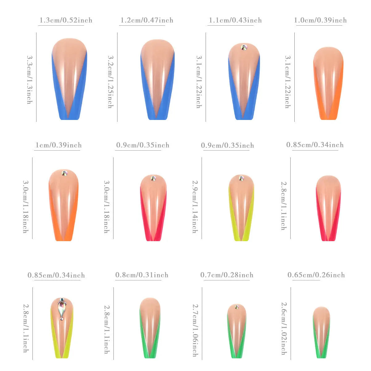 Detachable artificial nail tips with diamond colour French style and cartoon love heart cross designs.