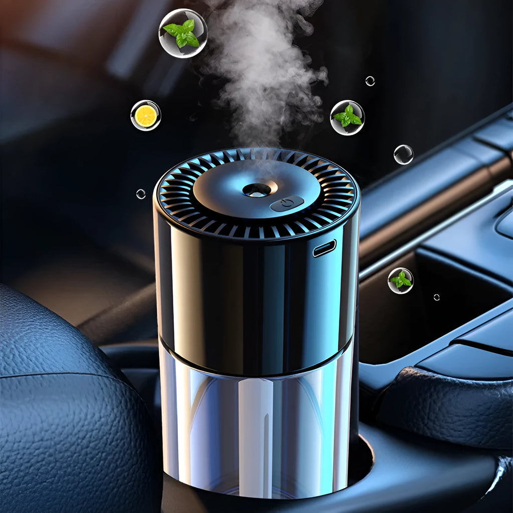 Plug-in USB spray perfume humidifier with glass base in a choice of six fragrance colours.