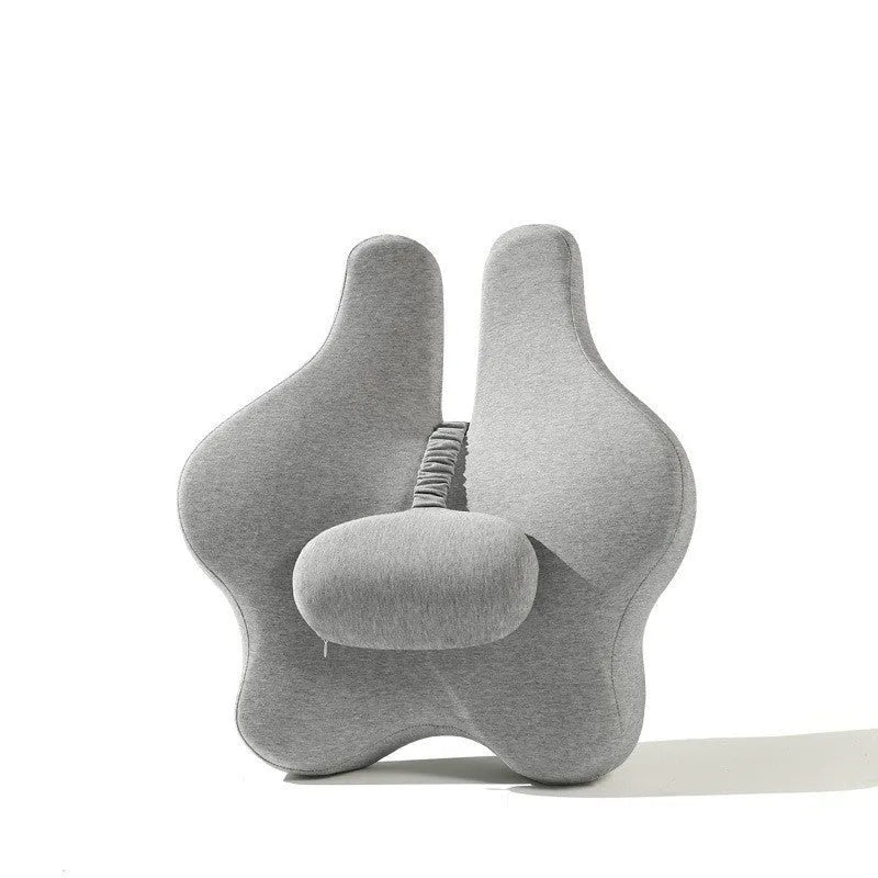 Grey adjustable memory foam car lumbar support cushion on a car seat, 50x47x9cm