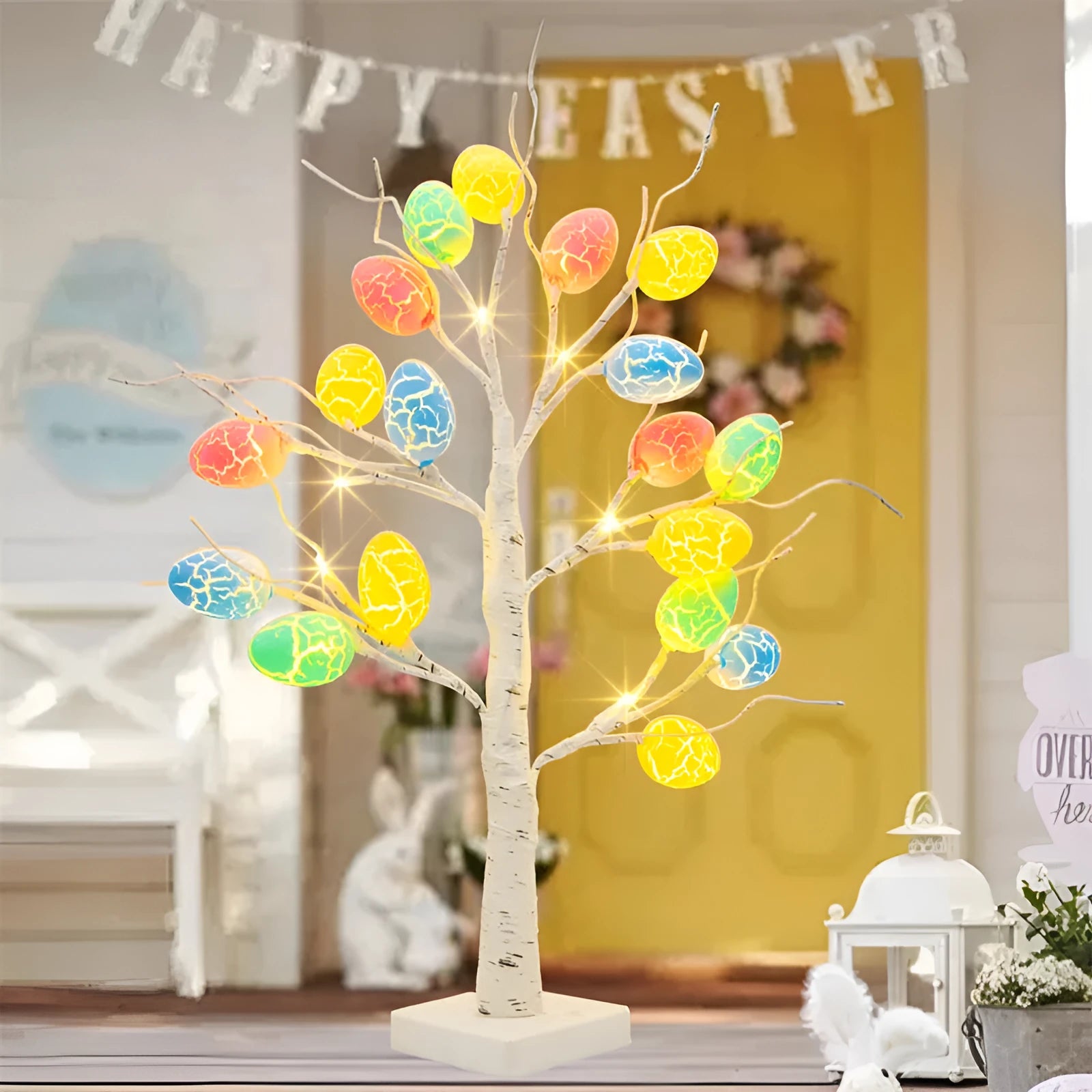 60cm birch-style Easter tree with warm white LED lights and cracked egg ornaments on a tabletop