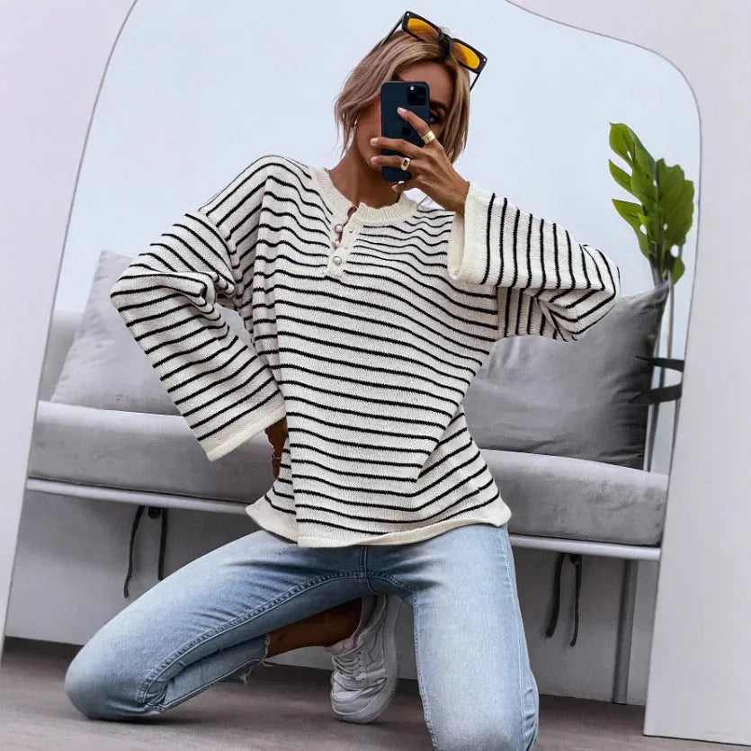 Women's black striped viscose fibre top with drop shoulder sleeves and loose casual fit