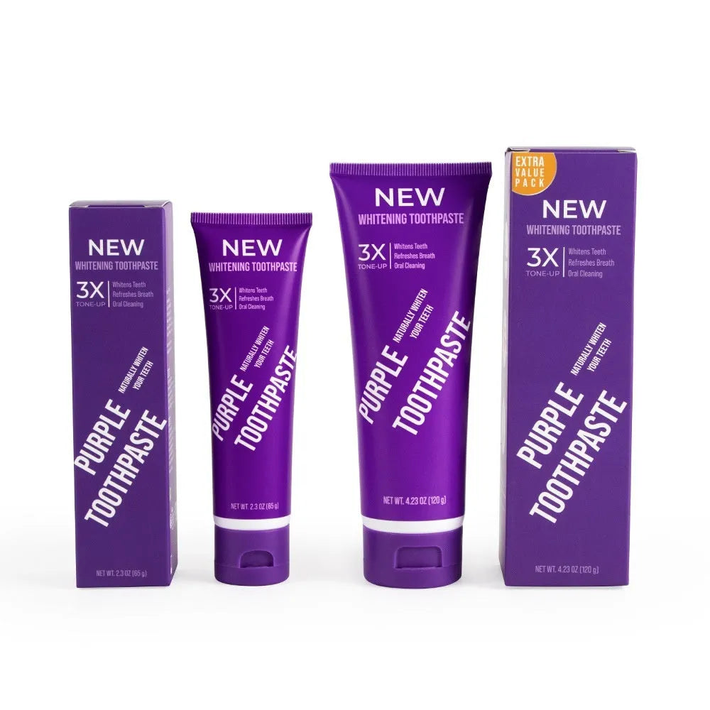 Purple whitening toothpaste tube for adults, shown in 120g and 65g size options for removing yellow stains.