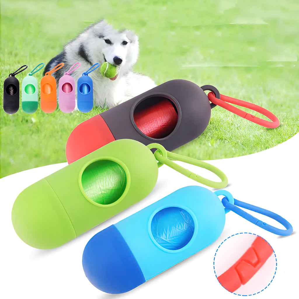 Compact black dog waste bag dispenser with a side hook and Velcro strap for attachment.