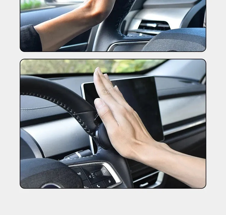Black silicone steering wheel assist ball with metal bearing on a car steering wheel.
