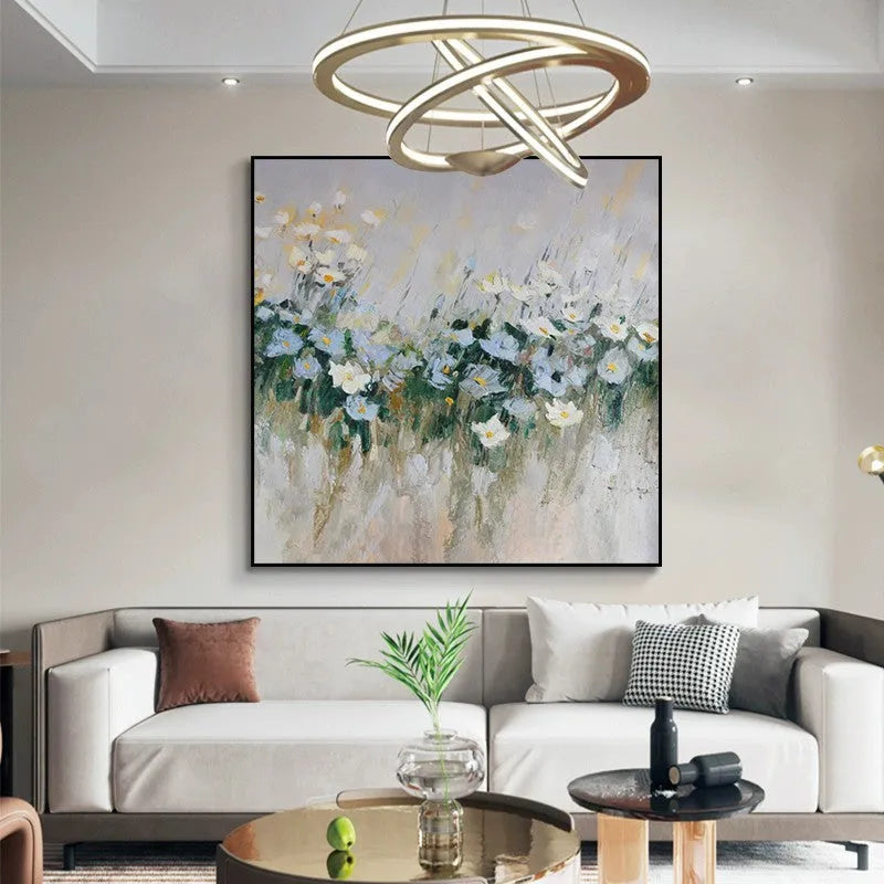 Hand-painted oil painting on canvas, modern blue flowers, square frameless unstretched artwork