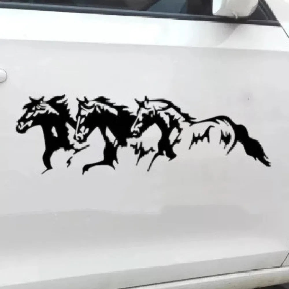 New Three Horses car decal sticker with steed design in black, shown at 25cm by 8cm size.