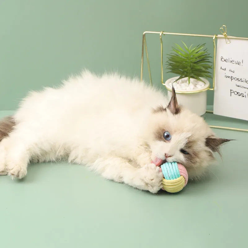 Handmade plush cotton cat toy ball with cat hair interior in blue powder colour