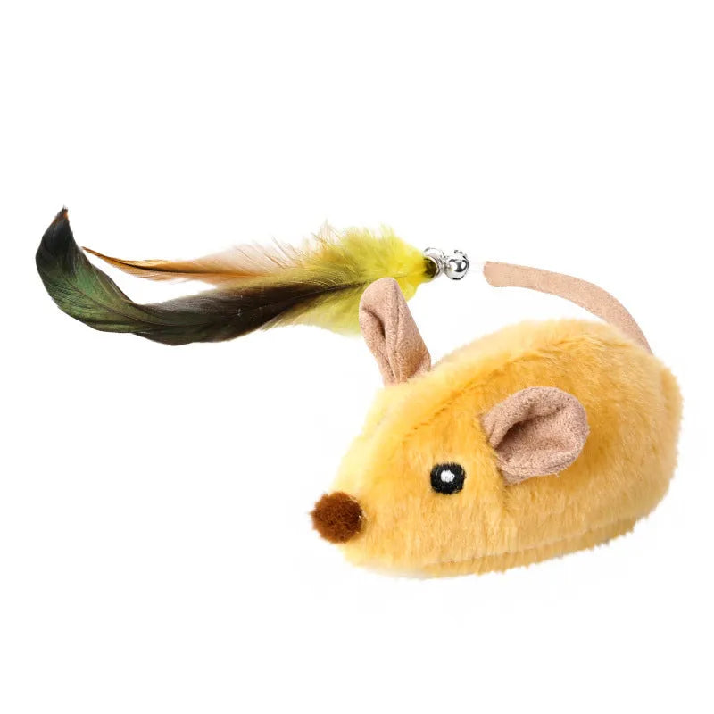 Intelligent charging simulation electric little mouse cat teaser toy in gray with double tail decoration on a light surface