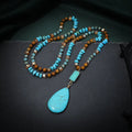 Blue turquoise imitation mineral pendant necklace with water drop shape and ball bead chain