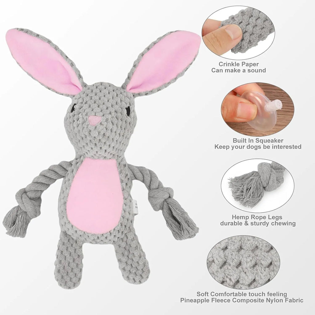 Plush dog squeaker toy with crinkle paper and cotton rope in animal shapes for small to medium dogs