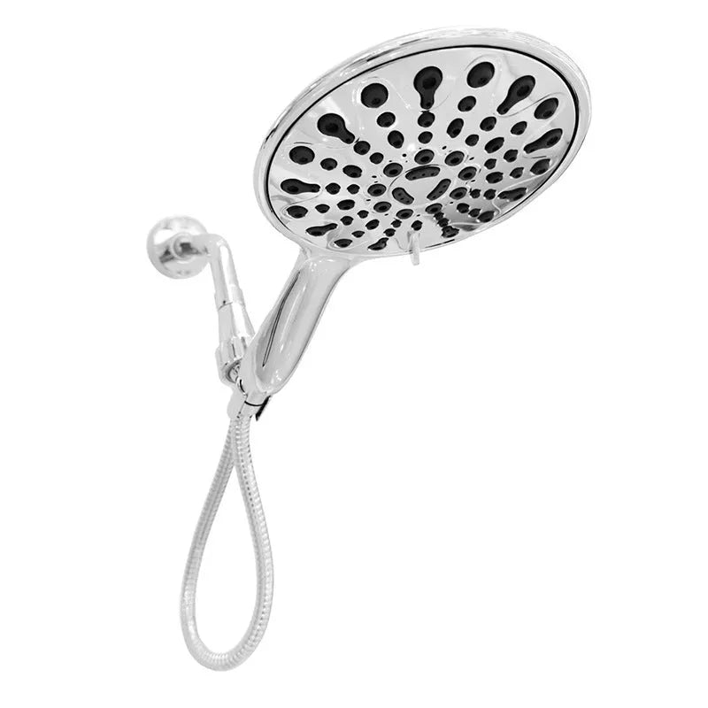 Chrome-finished six-function handheld shower head with ABS plastic housing