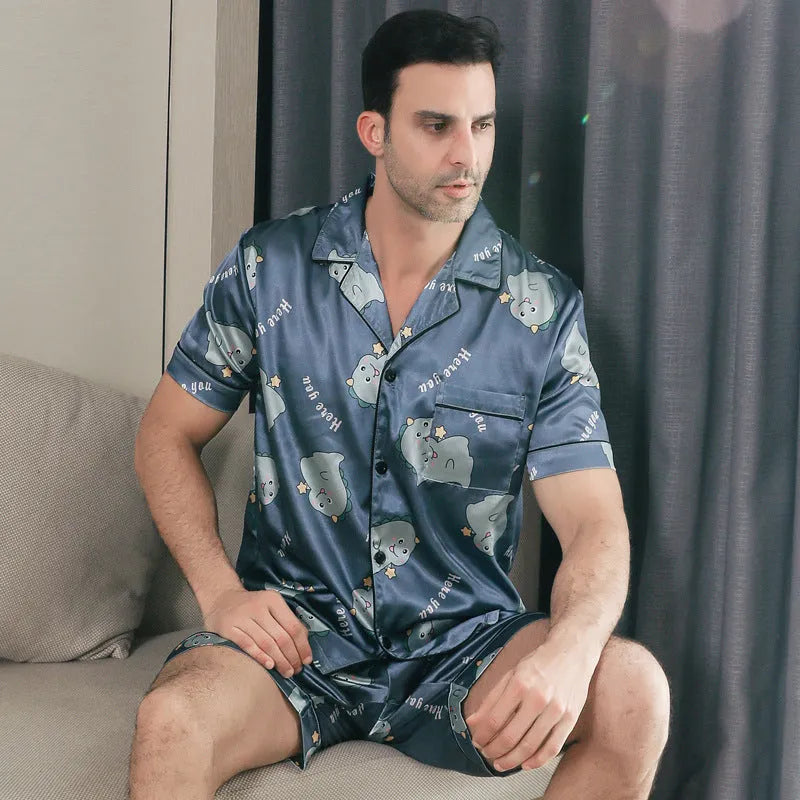 Ice silk short sleeve pajama set for men in cardigan style, beige, on a plain background