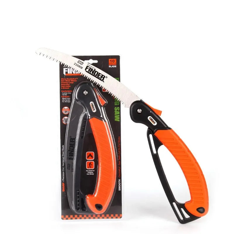 9-inch folding garden hand saw with black TPR rubber grip and silver steel blade shown both open and closed.
