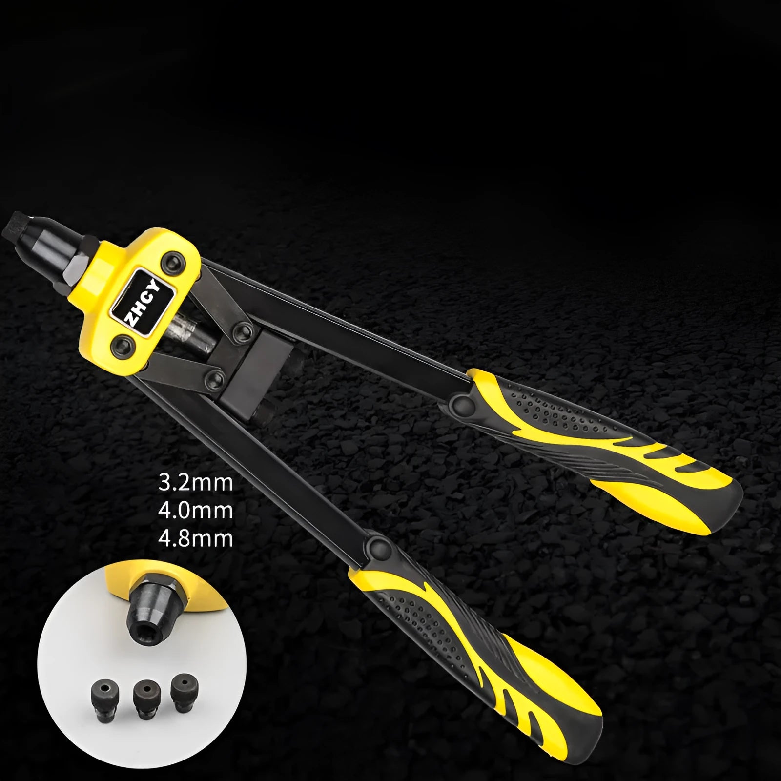 Yellow 13-inch manual rivet gun with three built-in nozzle sizes on a workbench