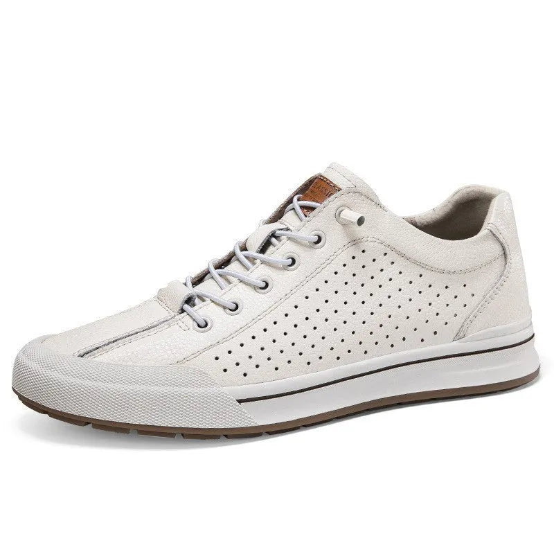 Men's white leather casual shoes with round toe and flat heel design