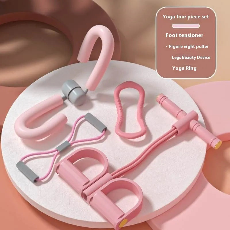 Yoga four piece set showing leg stretching device, yoga ring, pedal chest expander and figure eight tension rope